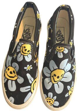 Vans Slip On Shoes Trippy Grin Black Flowers Daisy Smiling 508731 Size 5